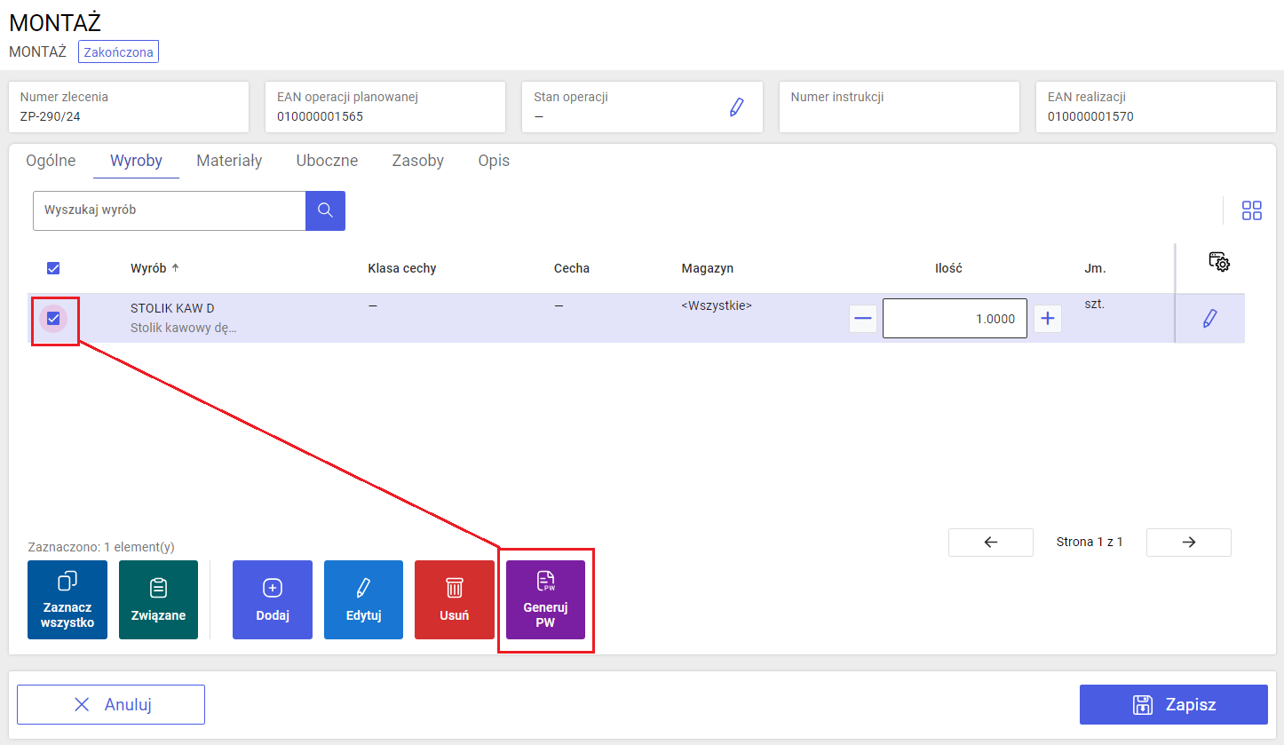 Przykład generowania PW dla zaznaczonych wyrobów