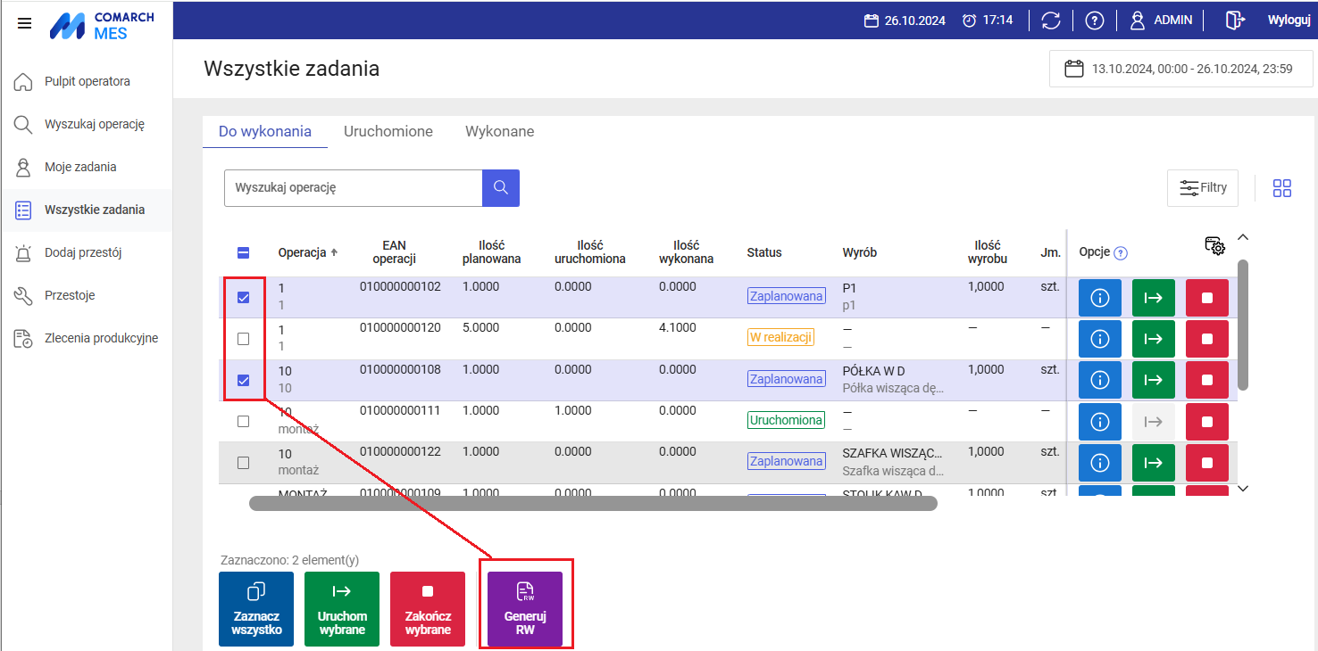 Generowanie dokumentu RW do wielu zaplanowanych operacji następuje poprzez ich zaznaczenie i wybranie opcji: Generuj RW