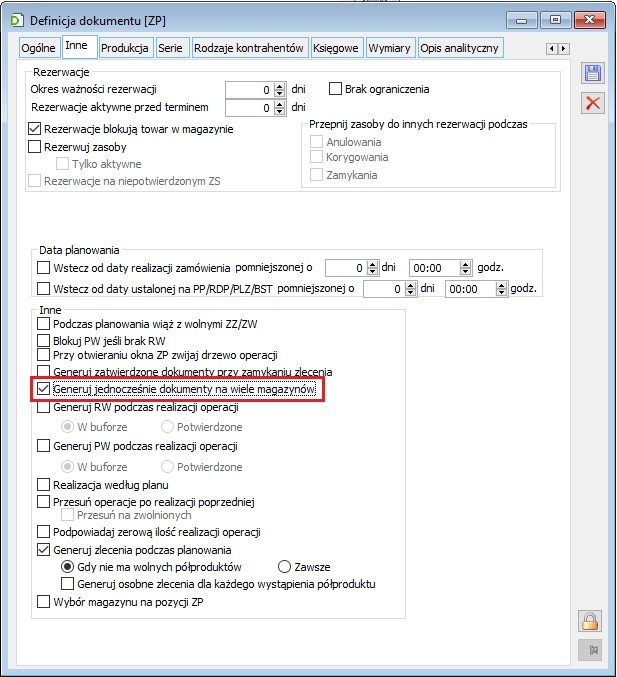 Definicja ZP - parametr: Generuj jednocześnie dokumenty na wiele magazynów