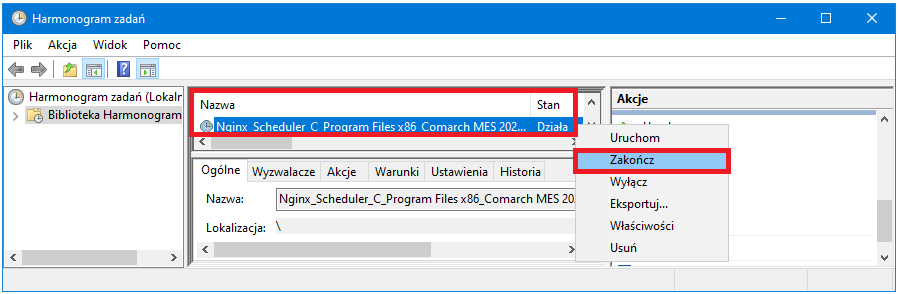 Przykład zakończenia usługi Nginx_Scheduler_(nazwa_instalacji) z poziomu Harmonogram zadań poprzez wybranie opcji z menu kontekstowego