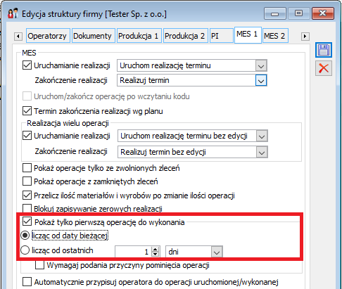 Parametry dotyczące prezentacji w MES operacji pierwszej do wykonania dla zalogowanego Operatora