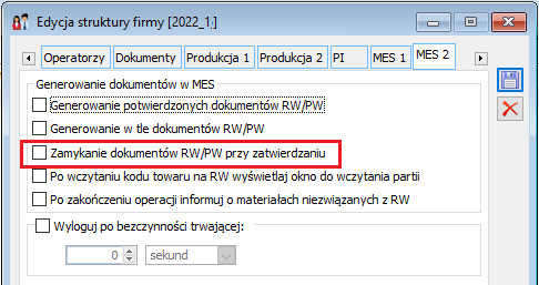 Parametr: Zamykanie dokumentów RW/PW przy zatwierdzaniu, decydujący o zamykaniu okna dokumentu po jego potwierdzeniu