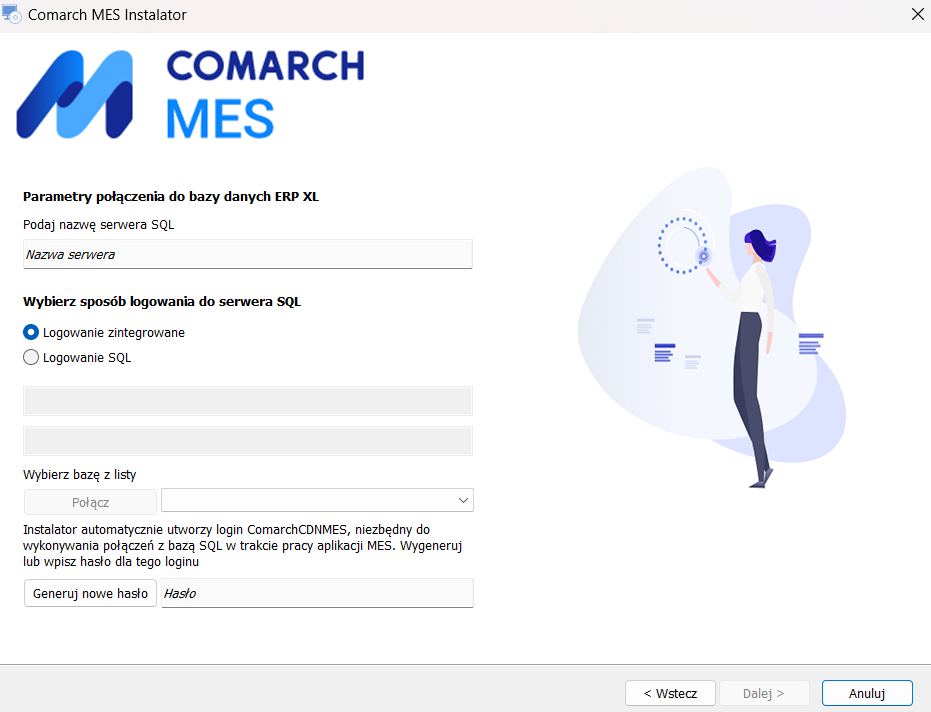 Wskazanie serwera MS SQL Server oraz bazy danych współpracującej z MES