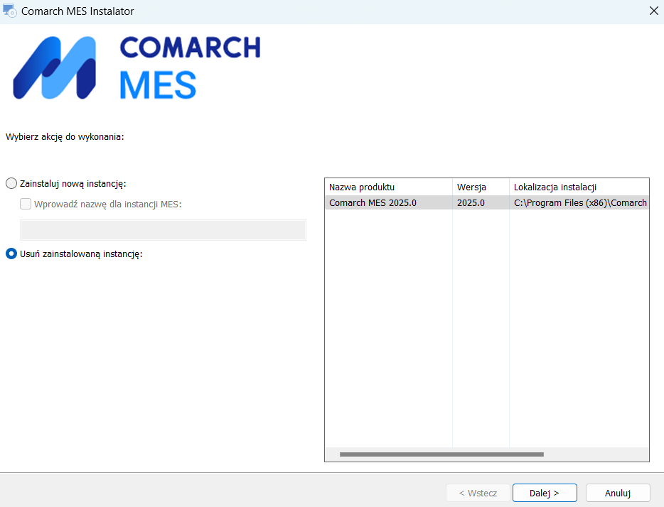 Wykrycie przez kreator wcześniejszej instalacji Comarch MES