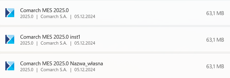 Lista zainstalowanych instancji MES (pierwsza pozycja: domyślna instalacja, druga pozycja: kolejna instancja bez nazwy własnej, trzecia pozycja: kolejna instancja z nazwą własną)