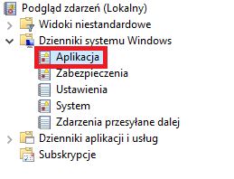 Aplikacja znajdująca się po rozwinięciu Dzienniki systemu Windows w Podgląd zdarzeń