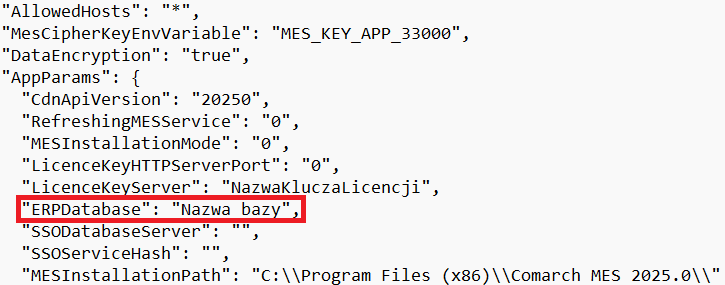 Nazwa bazy danych Comarch MES