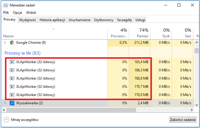 Wiele uruchomionych procesów XLApiWorker widocznych z poziomu Menedżera zadań