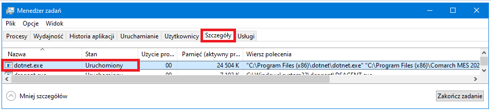 Proces dotnet.exe na zakładce Szczegóły z poziomu aplikacji Menedżer zadań