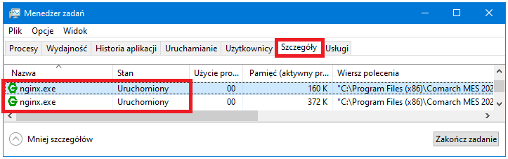 Procesy nginx.exe na zakładce Szczegóły z poziomu aplikacji Menedżer zadań