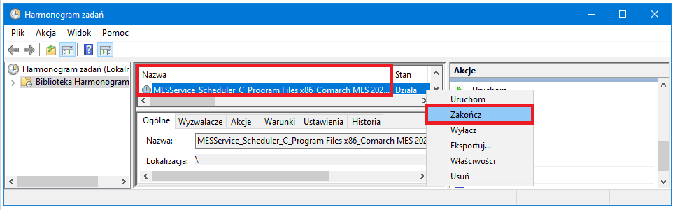 Przykład zakończenia usługi MESService_Scheduler_(nazwa_instalacji) z poziomu Harmonogram zadań poprzez wybranie opcji z menu kontekstowego