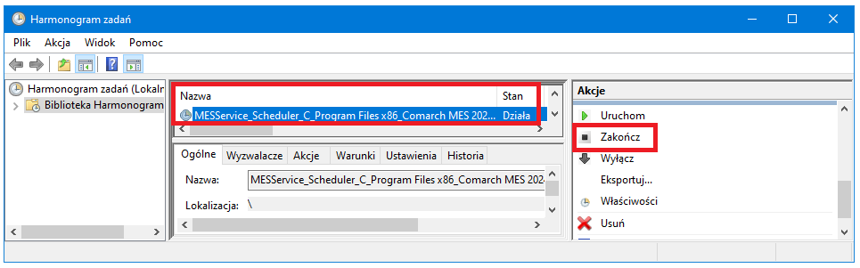 Przykład zakończenia usługi MESService_Scheduler_(nazwa_instalacji) poprzez wybranie opcji z sekcji Wybrany element z poziomu Harmonogram zadań