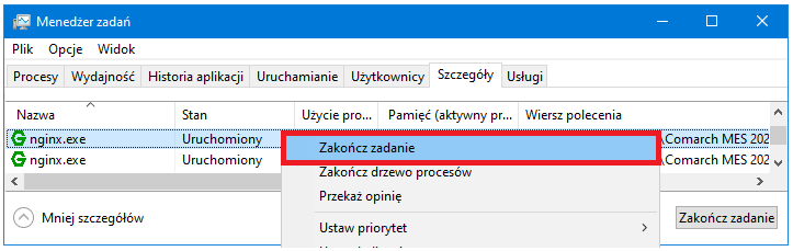 Przykład zakończenia usług nginx.exe z poziomu Menedżer zadań poprzez wybranie opcji z menu kontekstowego