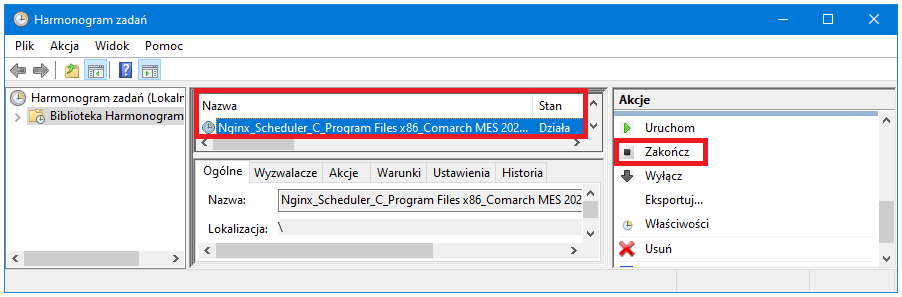 Przykład zakończenia usługi Nginx_Scheduler_(nazwa_instalacji) poprzez wybranie opcji z sekcji Wybrany element z poziomu Harmonogram zadań