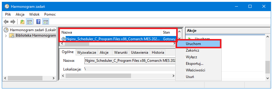 Przykład uruchomienia usługi Nginx_Scheduler_(nazwa_instalacji) z poziomu Harmonogram zadań poprzez wybranie opcji z menu kontekstowego