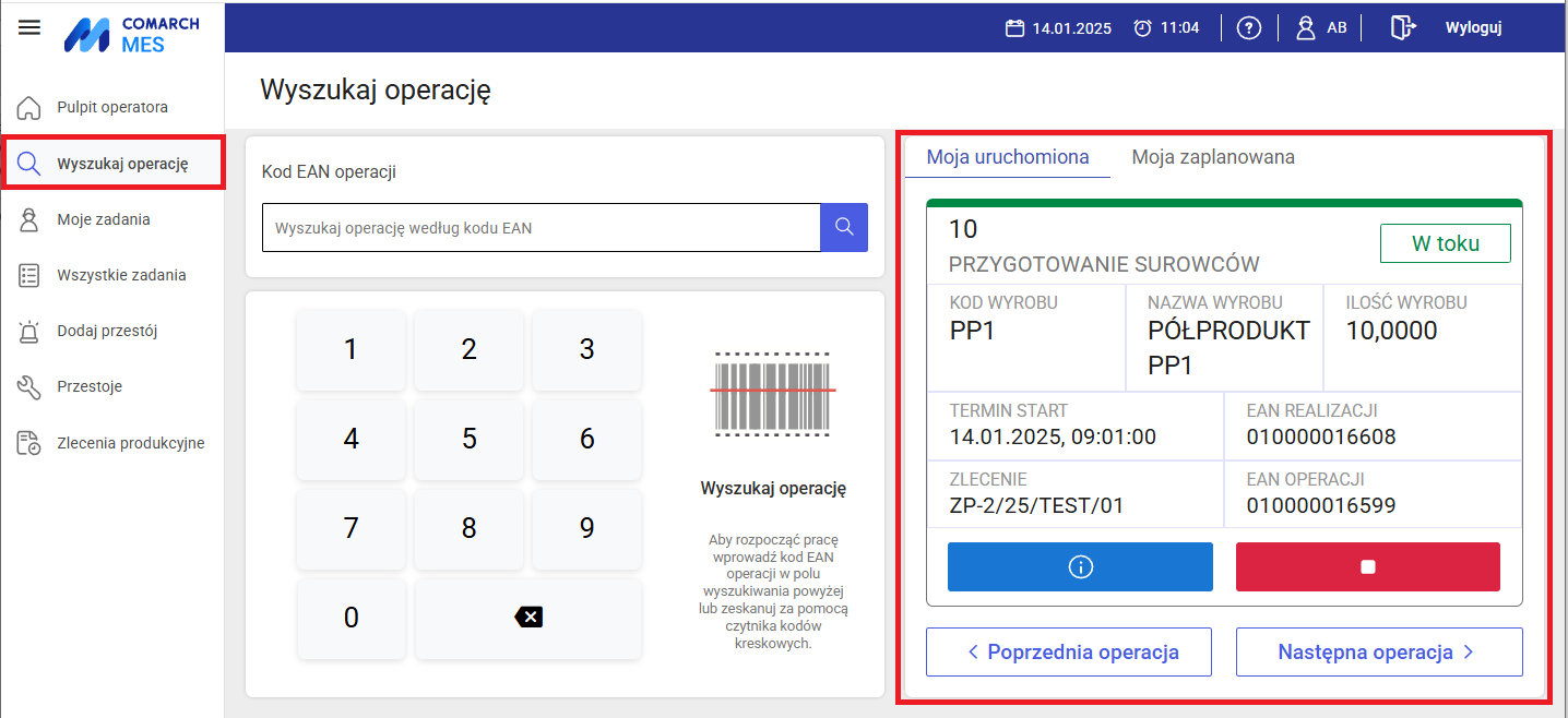 Budowa zakładki Wyszukaj operację, gdy w konfiguracji włączony parametr: Pokaż tylko pierwszą operację do wykonania i operator ma uruchomioną operację