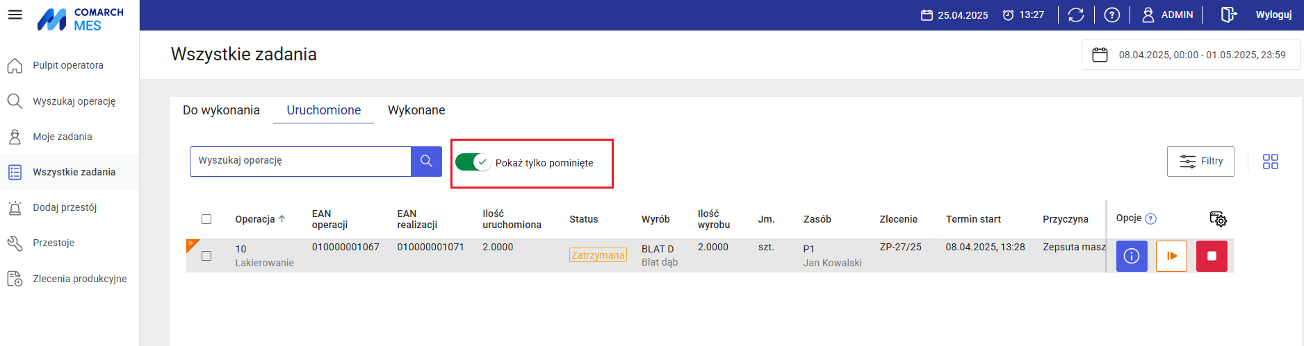 Działanie filtra: Pokaż tylko pominięte