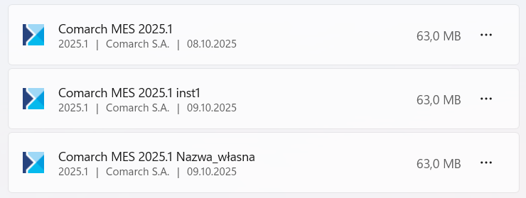 Lista zainstalowanych instancji MES (pierwsza pozycja: domyślna instalacja, druga pozycja: kolejna instancja bez nazwy własnej, trzecia pozycja: kolejna instancja z nazwą własną)