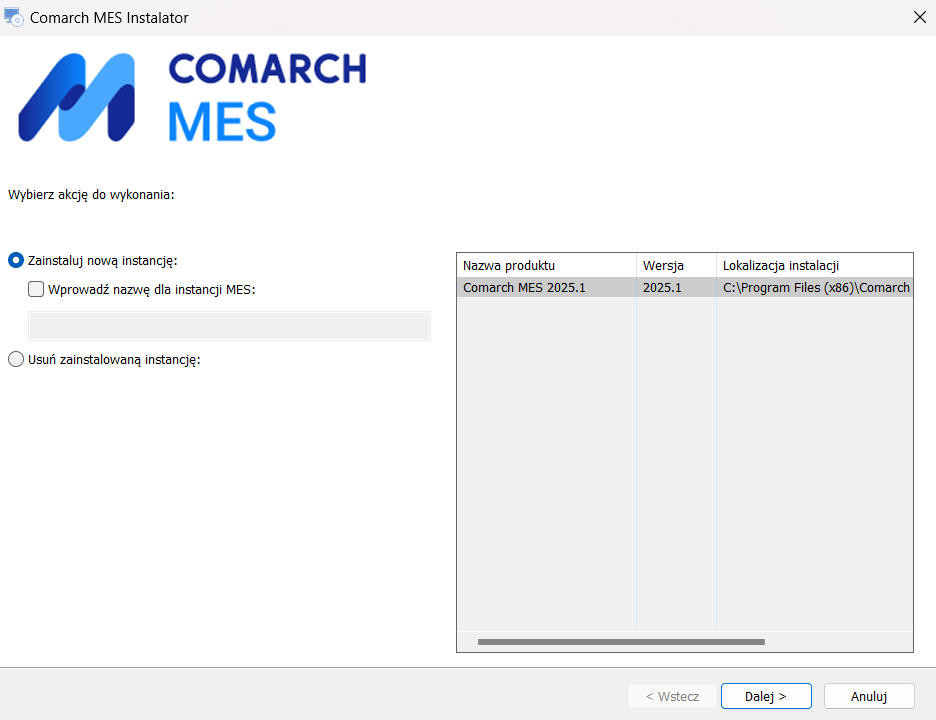 Lista zainstalowanych witryn Comarch MES