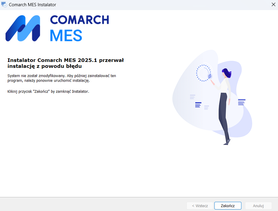 Okno instalatora – informacja o przerwaniu instalacji
