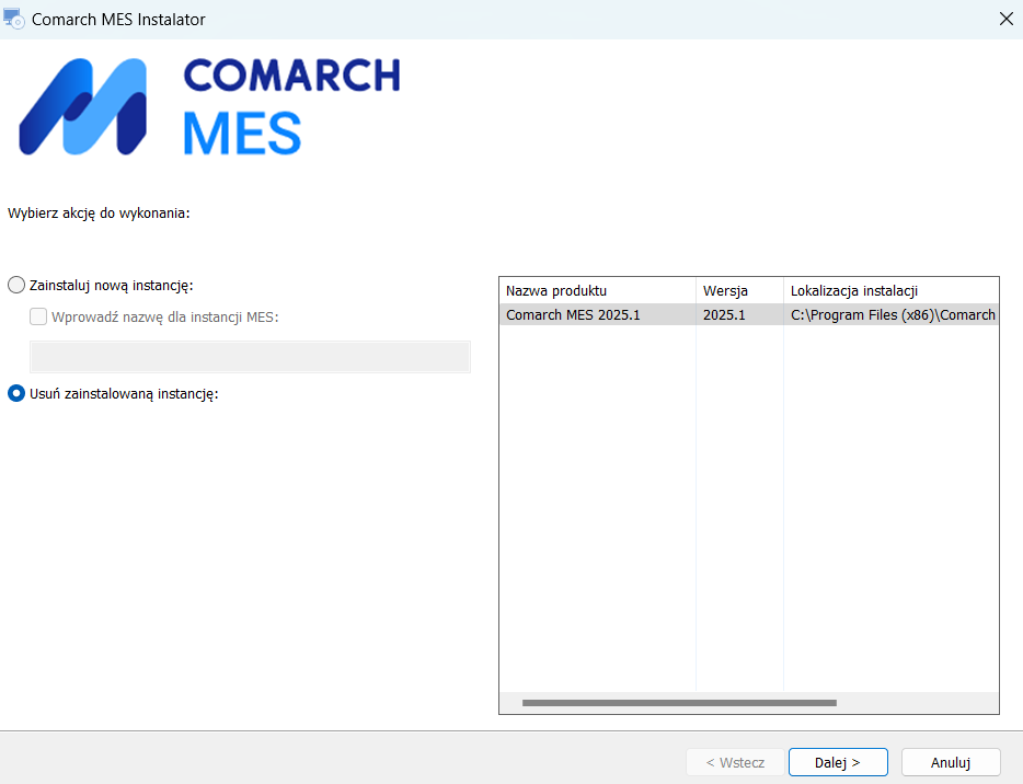 Wykrycie przez kreator wcześniejszej instalacji Comarch MES