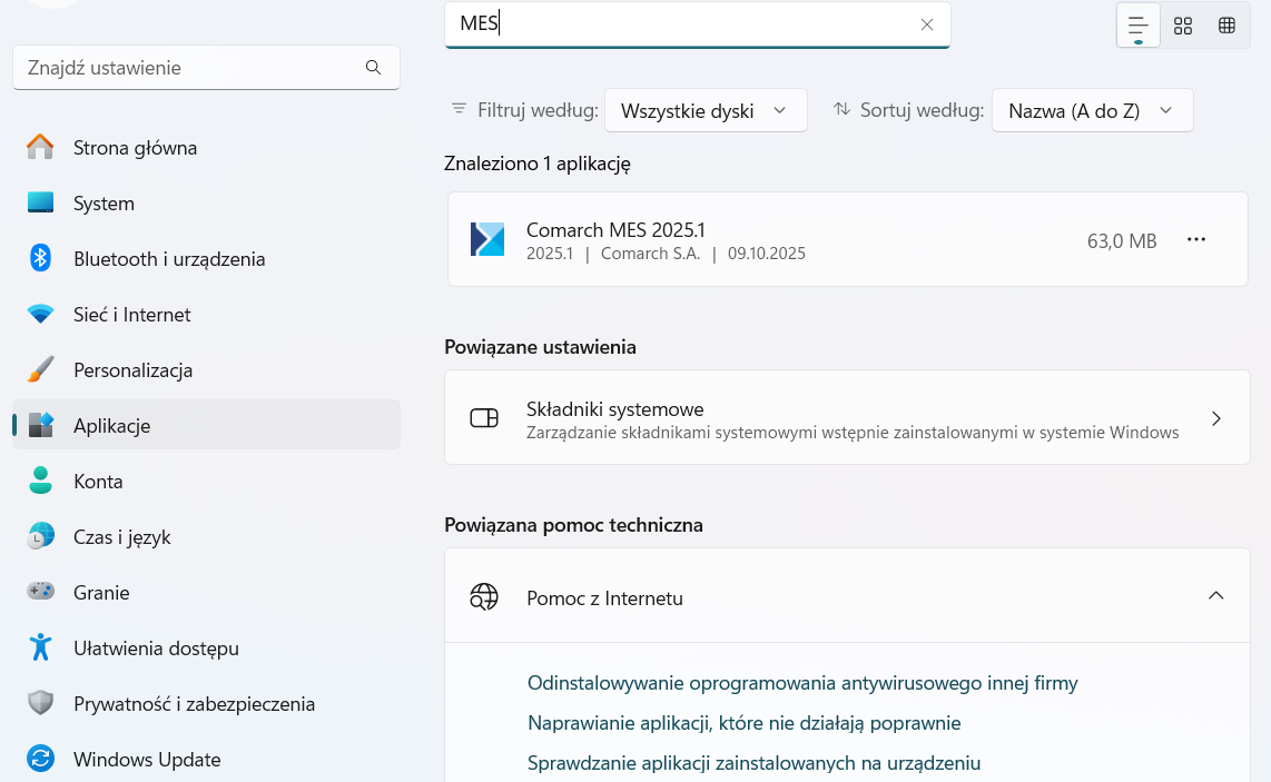 Zainstalowany Comarch MES w oknie Aplikacje i funkcje