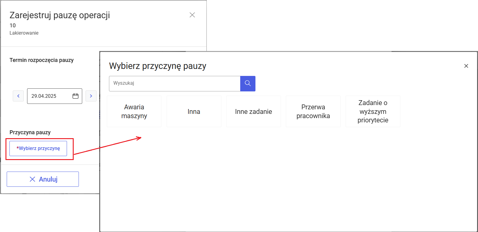 Wybór przyczyny pauzy