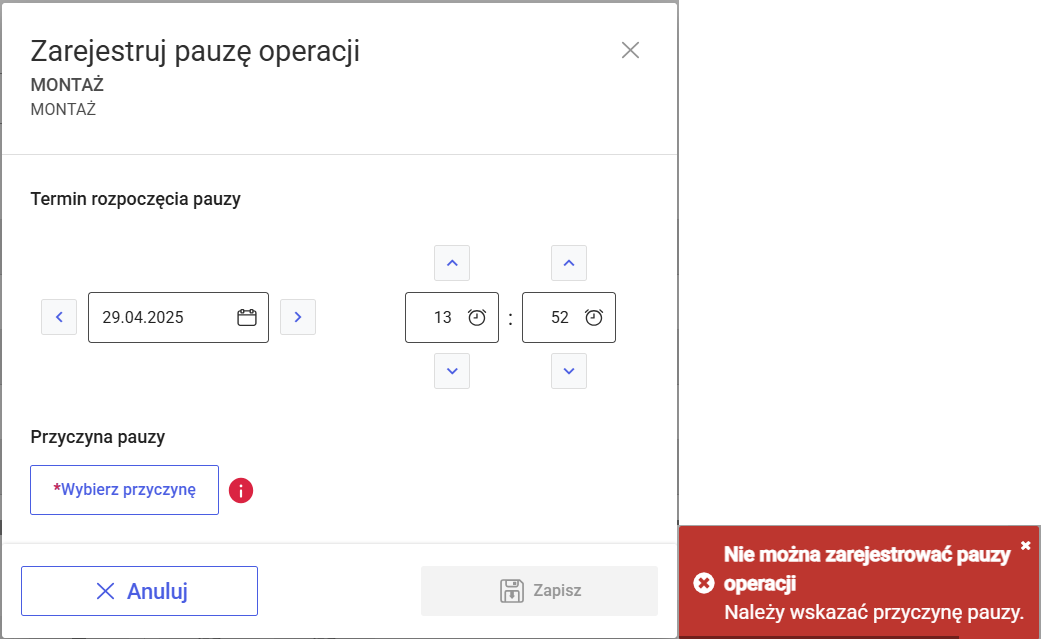 Walidacja w przypadku, gdy nie wybrano przyczyny pauzy, a jest to wymagane