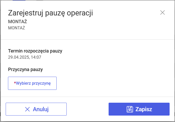 Okno: Zarejestruj wznowienie operacji, przy zaznaczonym w konfiguracji parametrze: Wymagaj podania przyczyny pauzy i niezaznaczonym: Edytuj termin pauzy