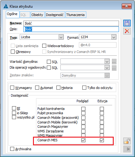 Przykładowa klasa atrybutu - parametry decydujące o podglądzie i edycji atrybutów tej klasy w MES