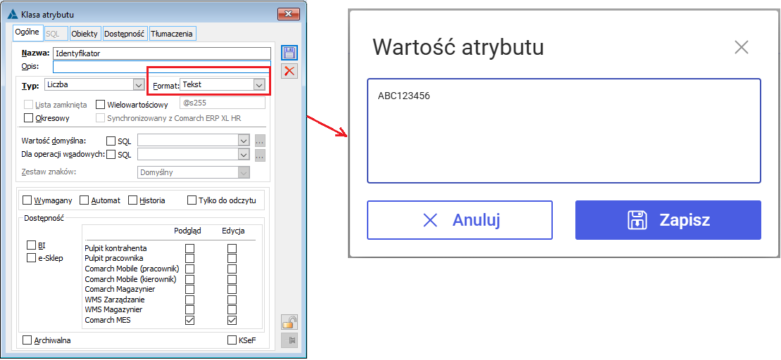 Przykładowa kontrolka do wprowadzania tekstowej wartości dla atrybutu w MES, zależna od formatu atrybutu