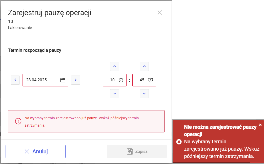 Walidacja w przypadku podania nieprawidłowego terminu rozpoczęcia pauzy