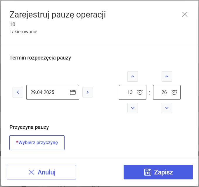 Okno: Zarejestruj pauzę operacji, z włączonym wymaganiem podania przyczyny pauzy