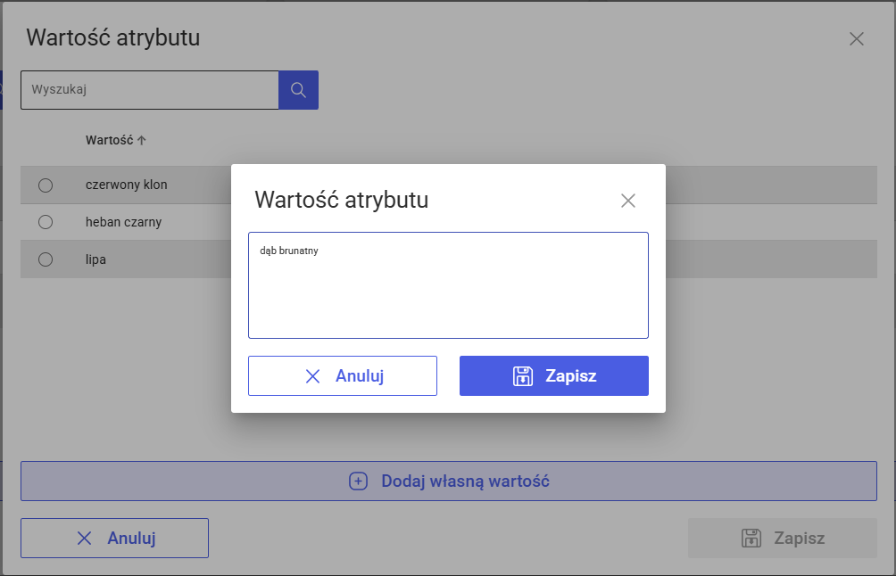 Przykładowe okno do uzupełniania wartości dla atrybutu wielowartościowego typu lista, formatu tekstowego