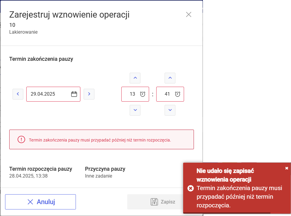 Walidacja w przypadku podania nieprawidłowego terminu zakończenia pauzy