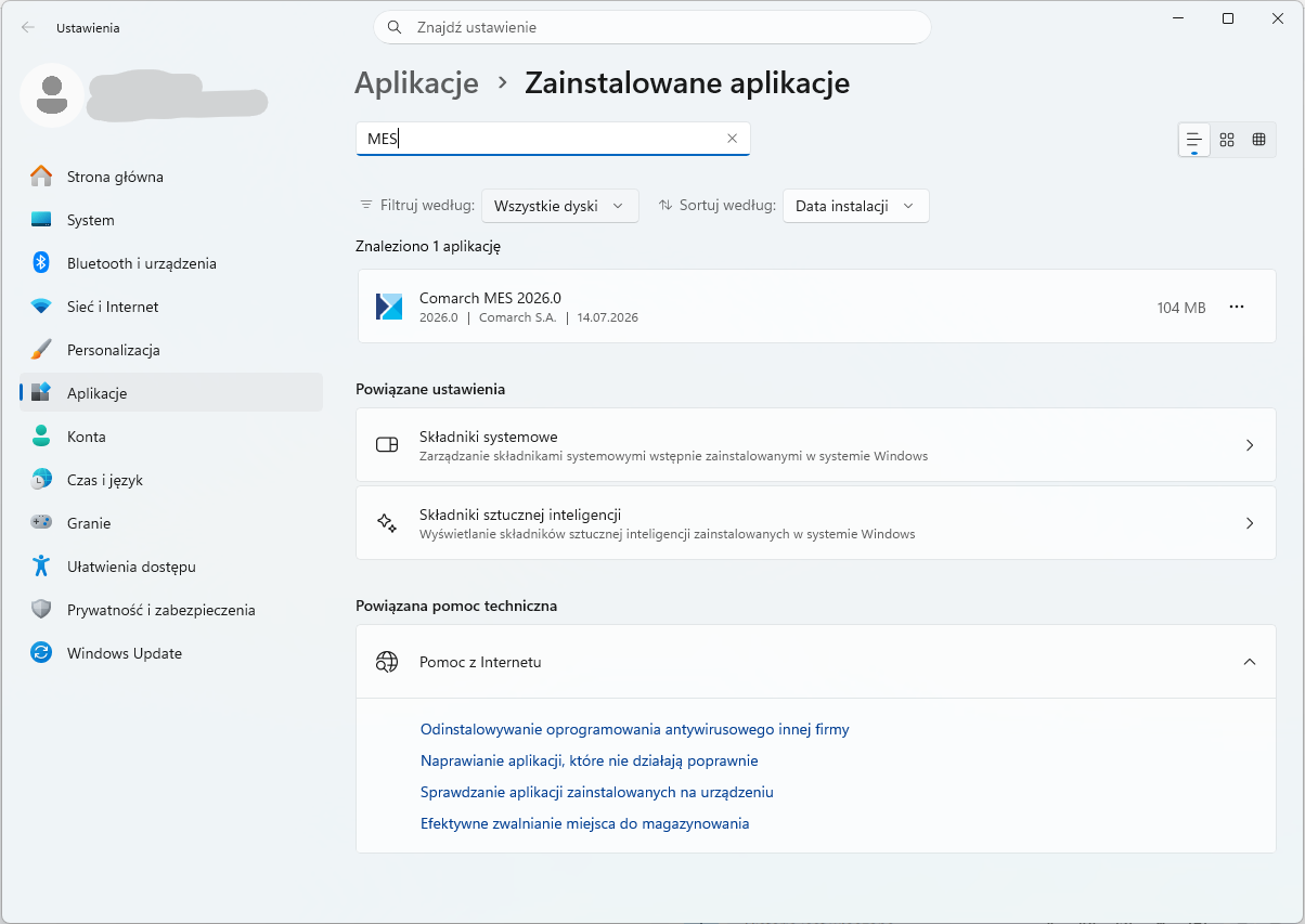 Zainstalowany Comarch MES w oknie Zainstalowane aplikacje