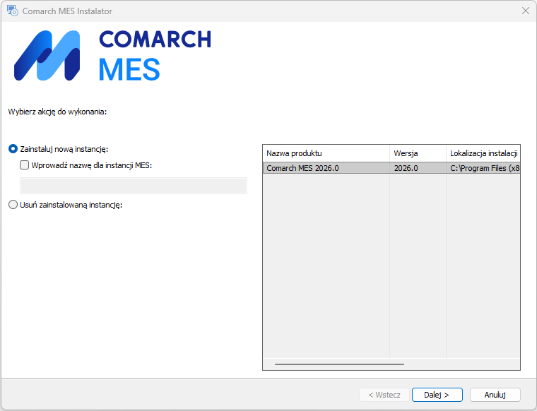 Lista zainstalowanych witryn Comarch MES