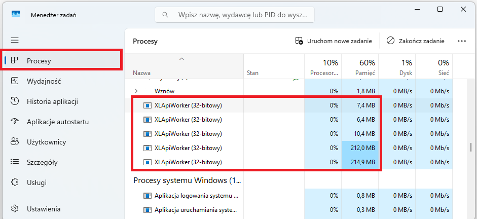 Wiele uruchomionych procesów XLApiWorker widocznych z poziomu Menedżera zadań