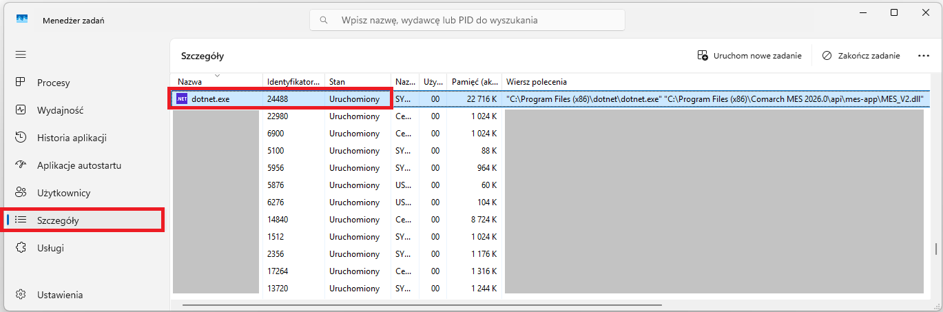 Proces dotnet.exe na zakładce Szczegóły z poziomu aplikacji Menedżer zadań