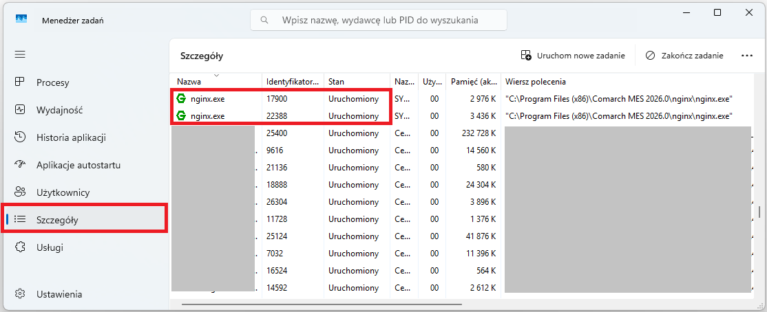 Procesy nginx.exe na zakładce Szczegóły z poziomu aplikacji Menedżer zadań