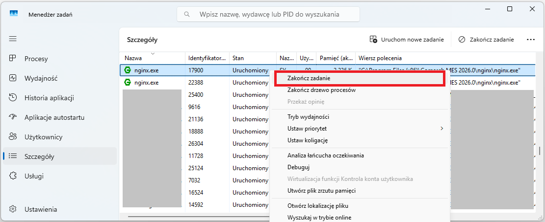 Przykład zakończenia usług nginx.exe z poziomu Menedżer zadań poprzez wybranie opcji z menu kontekstowego