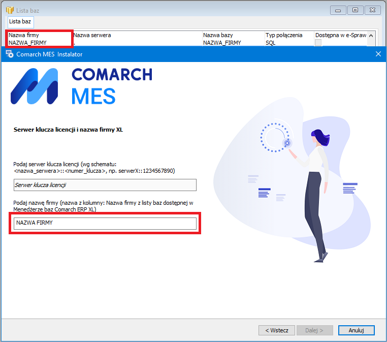 Nazwa firmy w Menedżerze baz i podawana podczas instalacji Comarch MES