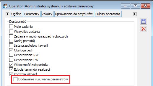 Parametr odpowiadający za możliwość dodawania lub usuwania parametrów KJ z protokołu KJ w MES