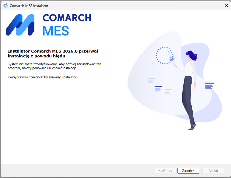 Okno instalatora – informacja o przerwaniu instalacji