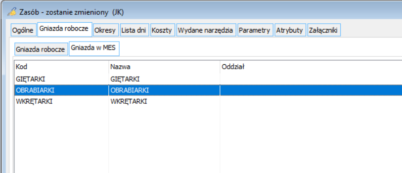 Wskazanie na karcie zasobu tych gniazd roboczych, dla których będą wyświetlone zadania w MES