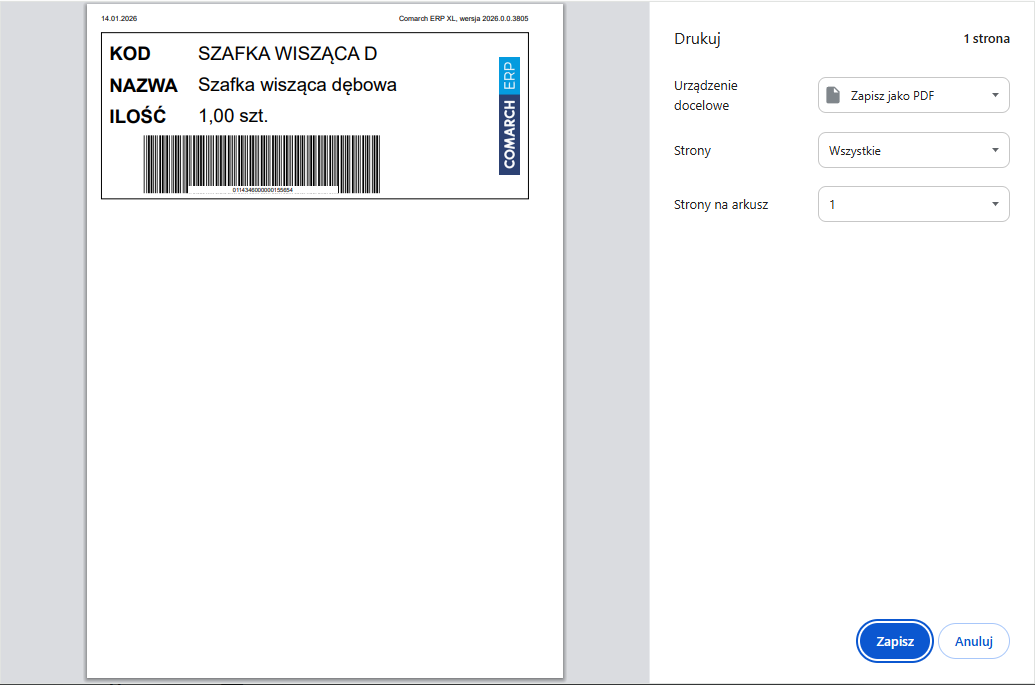 Przykładowy wydruk etykiety dla wyrobu