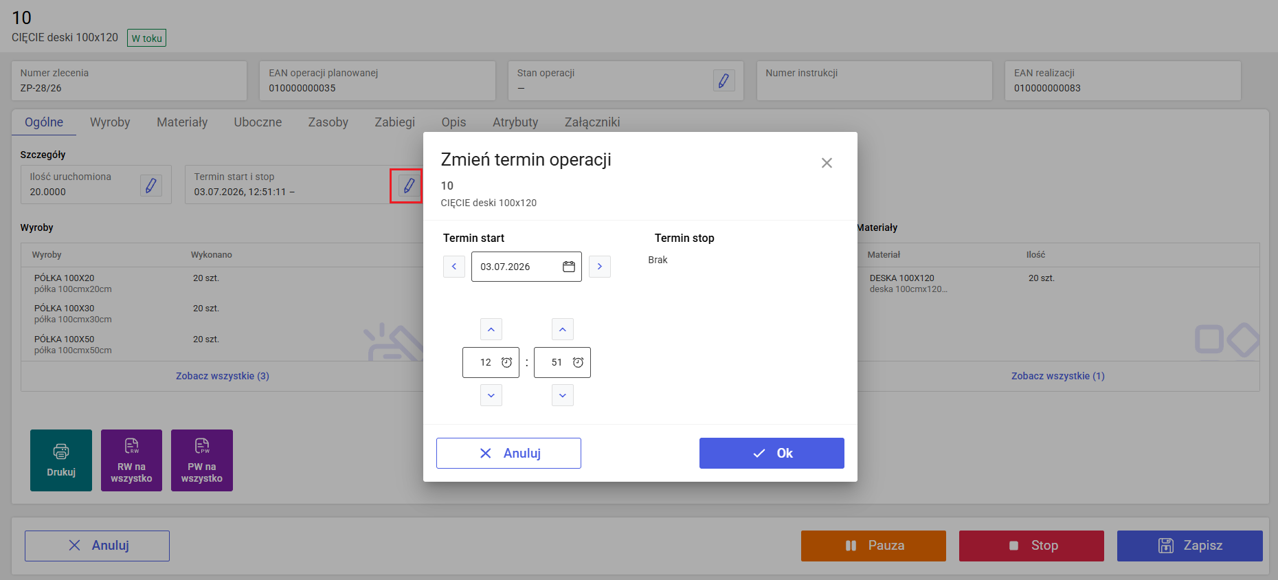 Dostępna opcja edycji terminu realizacji