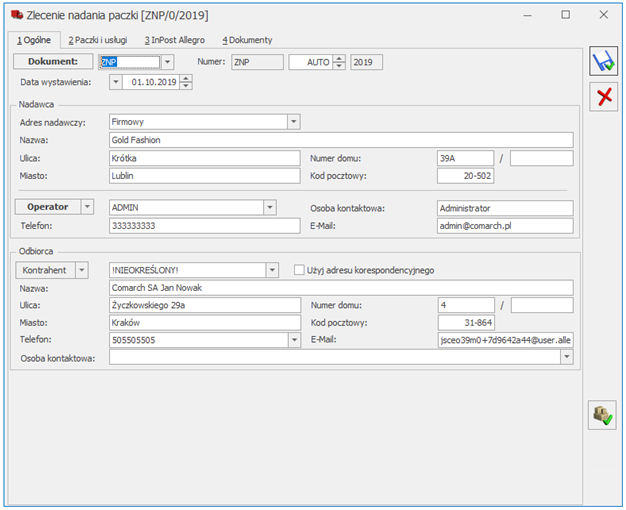 Formularz Nadania Paczki Allegro Inpost Baza Wiedzy Programu Comarch Erp Optima