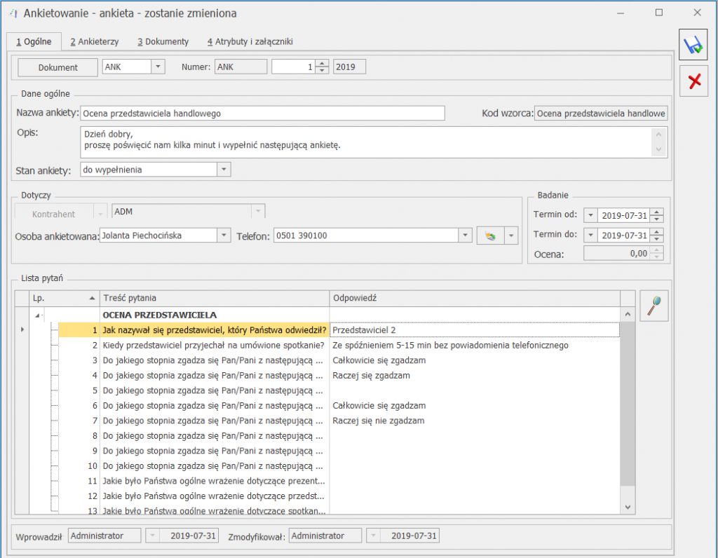 Formularz ankiety – Baza Wiedzy programu Comarch ERP Optima