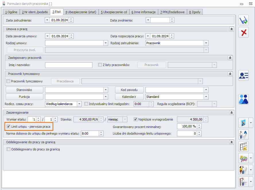 Formularz danych kadrowych – parametr limit urlopu pierwsza praca